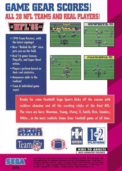 NFL 95 back cover art for Sega Game Gear (GG) video game