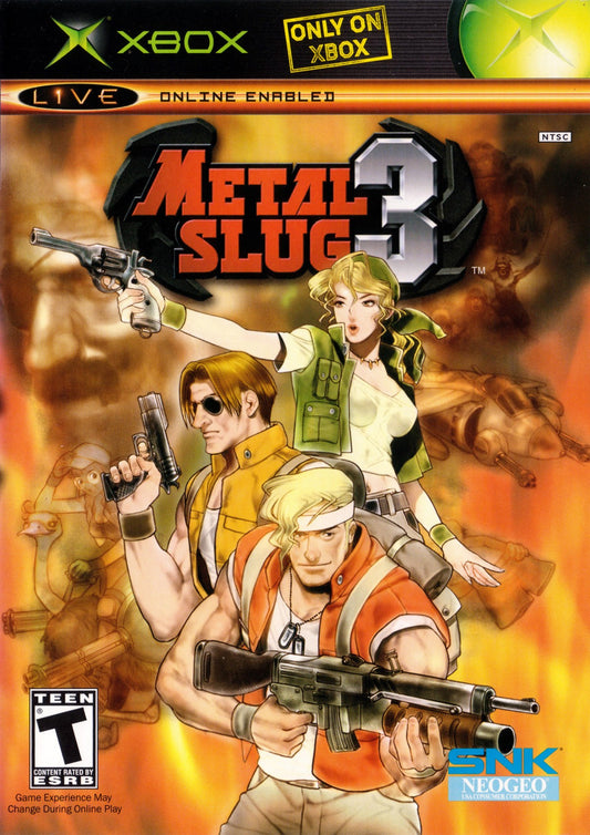 Metal Slug 3 Xbox run and gun arcade shooter video game SNK Neo Geo side-scrolling action multiple branching paths player selectable characters Marco Eri Fio Germi Tarma Roving heavy machine gun shotgun flame shot rocket launcher enemy vehicles slug tank flying submarine camel slave zombie transformation aliens mummies yetis hidden missions unlimited continues cooperative gameplay classic 2D sprite animation challenging difficulty front cover