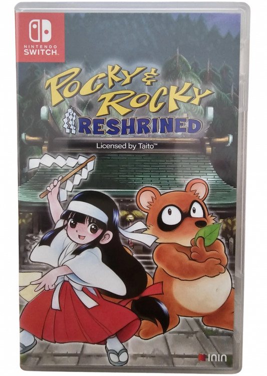 Pocky and Rocky Reshrined PAL Import Nintendo Switch NS video game featuring top down action shooter gameplay Pocky and Rocky characters yokai battles magical attacks enemy waves forest environments cooperative gameplay challenging stages PAL region import edition and classic Nintendo Switch gameplay retro video game collection collectible gaming appeal cover art