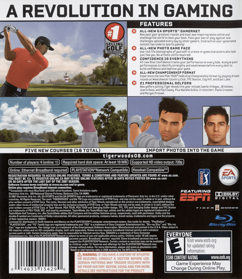 Tiger Woods PGA Tour 08 back cover art for PlayStation 3 (PS3) video game