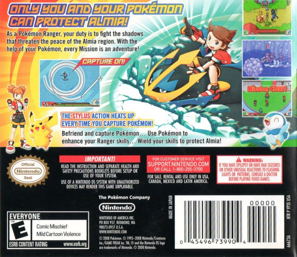 Pokémon Ranger: Shadows of Almia back of case for Nintendo DS (DS) action RPG adventure video game