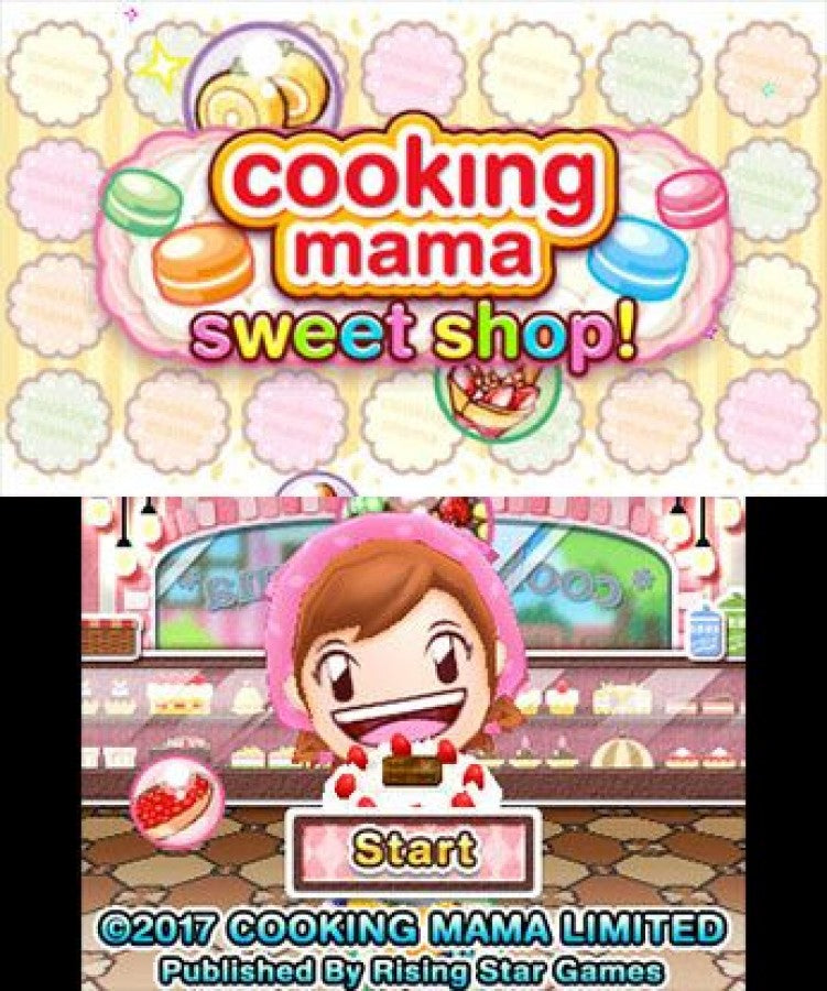 Cooking Mama Sweet Shop Nintendo 3DS 3DS title screen for retro video game enthusiasts featuring casual cooking simulation gameplay sweet shop dessert making activities mini game based mechanics touch screen interactions colorful family friendly presentation and portable handheld casual gaming experience and collectible gaming appeal