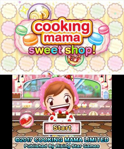 Cooking Mama Sweet Shop Nintendo 3DS 3DS title screen for retro video game enthusiasts featuring casual cooking simulation gameplay sweet shop dessert making activities mini game based mechanics touch screen interactions colorful family friendly presentation and portable handheld casual gaming experience and collectible gaming appeal