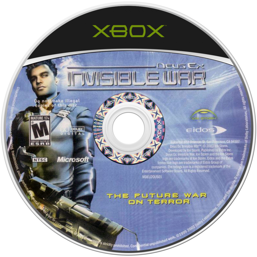 Deus Ex: Invisible War retro Xbox video game Deus Ex Invisible War cyberpunk immersive sim first person action RPG stealth hacking story driven futuristic gameplay console title Xbox release disc