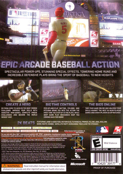 The Bigs Xbox 360 arcade style baseball game featuring over the top power hitting exaggerated player abilities MLB teams and athletes Home Run Pinball mode career mode fast paced gameplay and colorful stadium action by 2K Sports back cover