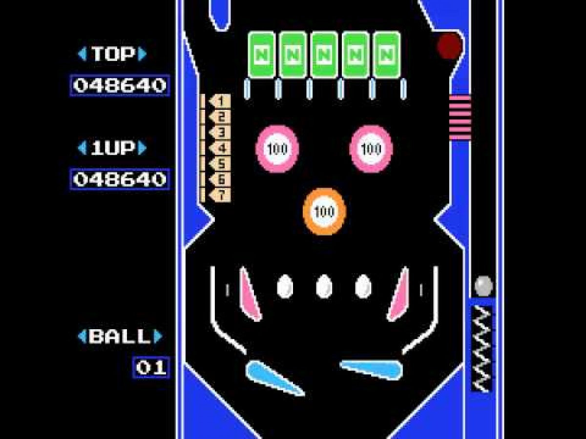 Pinball Nintendo Entertainment System NES video game featuring classic pinball gameplay arcade style table action flippers bumpers targets bonus stages high score challenges and simple 8 bit Nintendo gameplay retro video game collection collectible gaming appeal gameplay