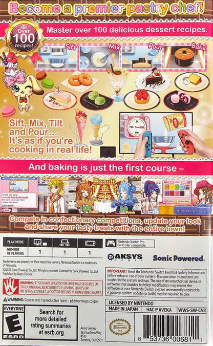 Waku Waku Sweets Nintendo Switch NS video game featuring cooking simulation gameplay sweet recipe creation baking challenges ingredient selection dessert preparation colorful environments and relaxing food themed adventure Nintendo Switch gaming retro video game collection collectible gaming appeal back cover art
