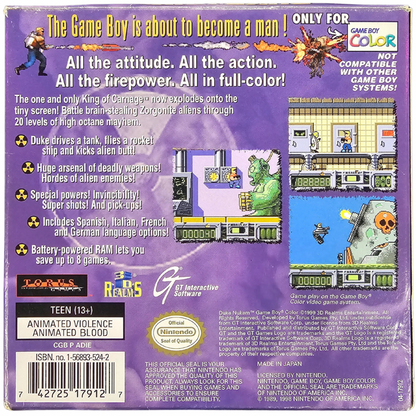 Duke Nukem Game Boy Color GBC video game Complete In Box CIB featuring action platforming gameplay Duke Nukem character enemy battles weapon action alien encounters challenging levels and classic handheld gaming retro video game collection collectible gaming appeal back cover art