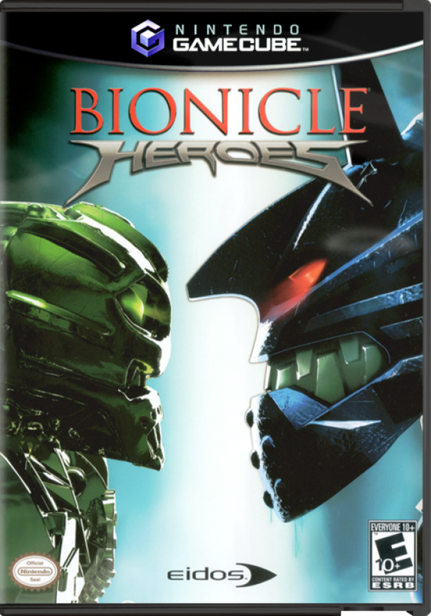 Cover art for Bionicle Heroes GameCube game featuring action shooter gameplay and LEGO Bionicle character combat 
