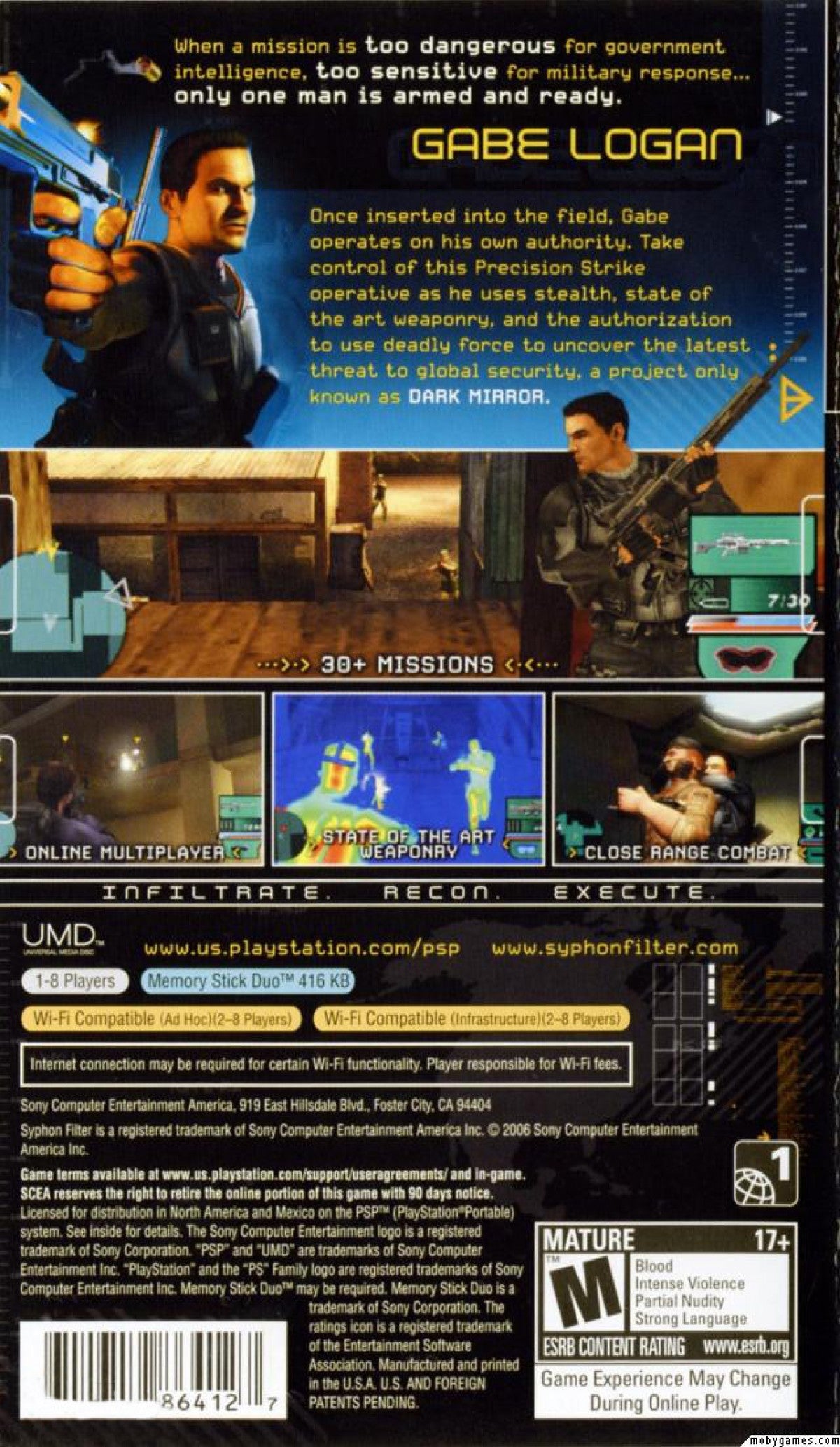 Syphon Filter Dark Mirror Greatest Hits PlayStation Portable PSP for tactical shooter video game fans featuring stealth espionage missions third person combat precision shooting advanced gadgets covert operations multiplayer modes cinematic storytelling action packed spy adventure collectible gaming appeal back cover art