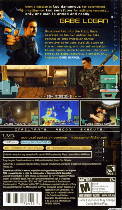 Syphon Filter Dark Mirror Greatest Hits PlayStation Portable PSP for tactical shooter video game fans featuring stealth espionage missions third person combat precision shooting advanced gadgets covert operations multiplayer modes cinematic storytelling action packed spy adventure collectible gaming appeal back cover art
