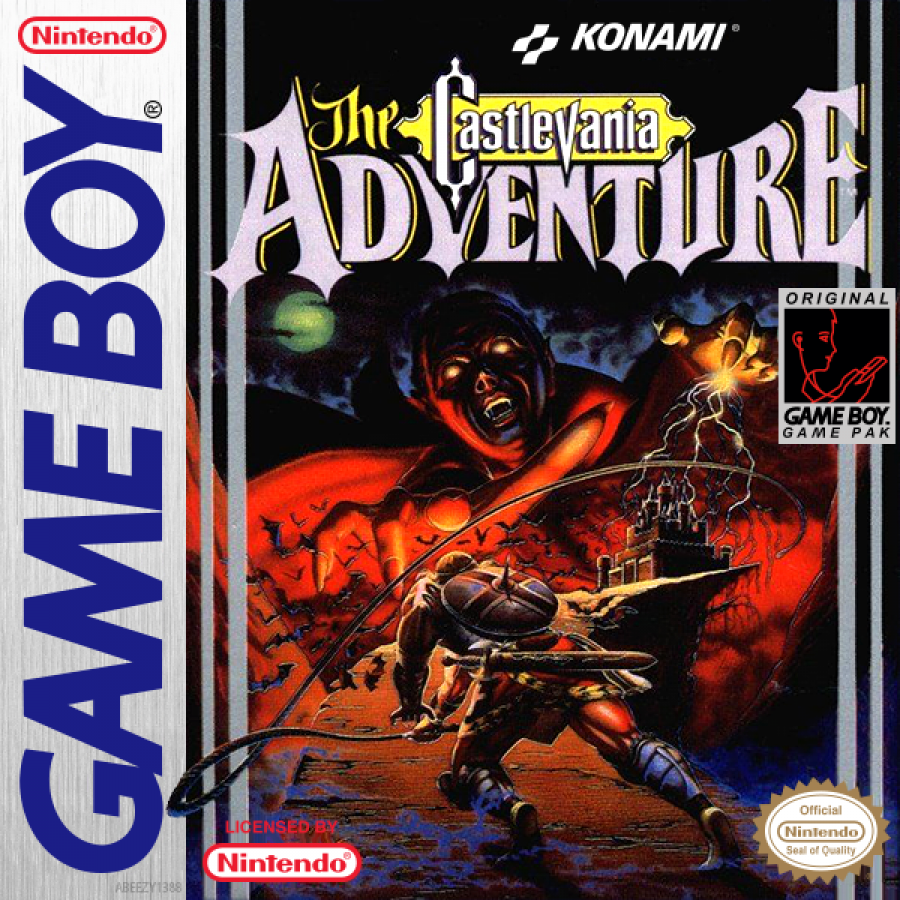 Game Boy cartridge cover for 'The Castlevania Adventure' with Konami logo
