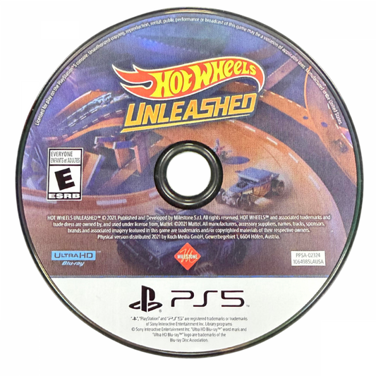 Hot Wheels Unleashed PlayStation 5 racing game featuring fast paced arcade style racing iconic Hot Wheels vehicles customizable tracks split screen and online multiplayer modes and vibrant high speed gameplay with detailed miniature car environments disc