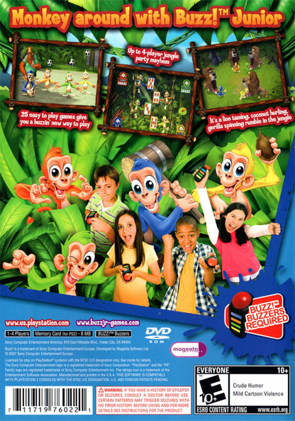 Buzz! Junior: Jungle Party for PlayStation 2 with family-friendly party mini-games theme back cover art
