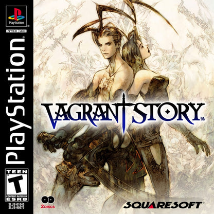 Vagrant Story PlayStation PS1 for action role playing video game fans featuring dark fantasy adventure gameplay real time combat weapon crafting system exploration challenging puzzles mysterious storyline gothic environments character customization classic Square RPG experience collectible gaming appeal front cover
