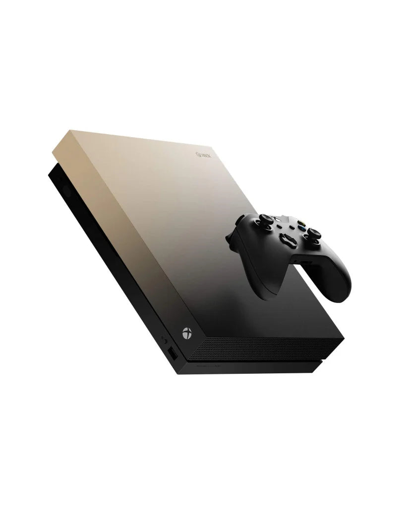 Xbox One X 1TB console Gold Rush edition, limited color variant, Microsoft gaming system, 4K gaming console, Xbox One X hardware tilted color gradient showcase with original controller (not included)