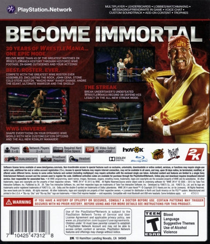 WWE 2K14 PlayStation 3 PS3 for retro video game enthusiasts featuring professional wrestling gameplay authentic WWE Superstars and Legends realistic ring action signature moves career and universe modes competitive multiplayer matches and collectible gaming appeal back cover