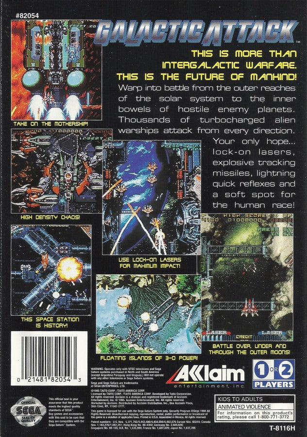 Galactic Attack Sega Saturn vertical scrolling shoot em up shmup arcade space shooter layered sprite graphics fast paced enemy waves power ups sci fi spaceship combat Taito arcade classic retro gaming Sega Saturn software video game title back cover art