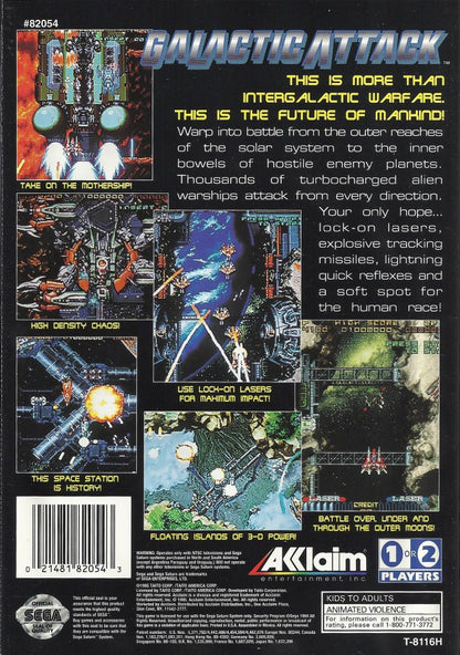 Galactic Attack Sega Saturn vertical scrolling shoot em up shmup arcade space shooter layered sprite graphics fast paced enemy waves power ups sci fi spaceship combat Taito arcade classic retro gaming Sega Saturn software video game title back cover art