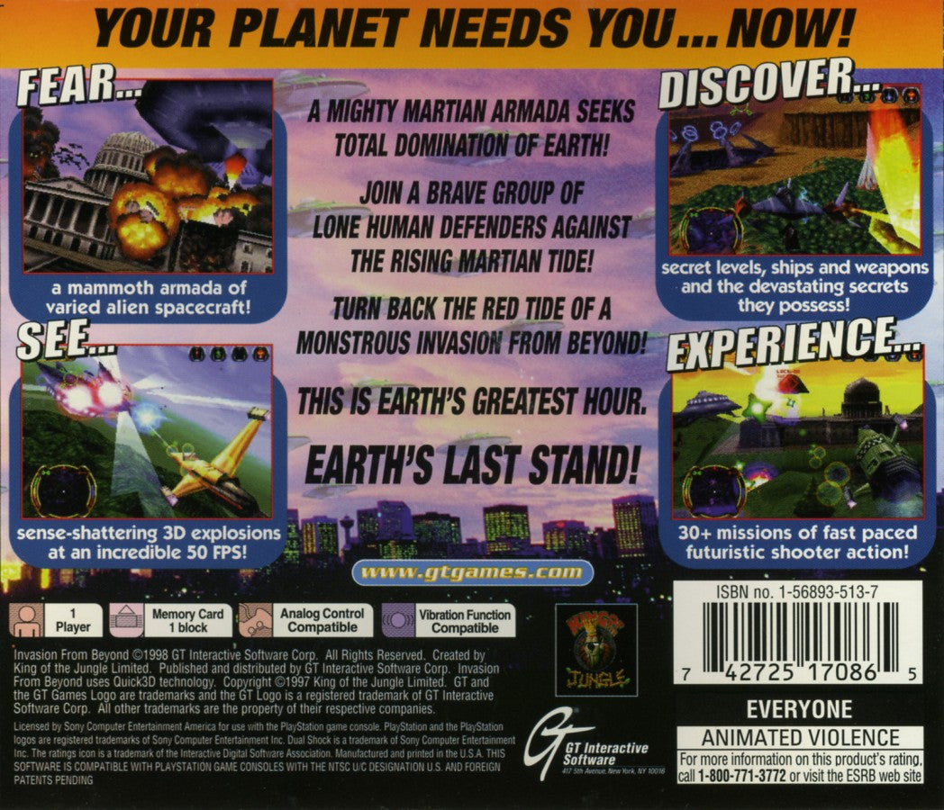 Invasion from Beyond PlayStation 1 PS1 for action shooter retro video game fans featuring alien invasion sci fi combat futuristic weapons fast paced arcade action extraterrestrial enemies mission based gameplay collectible gaming appeal back of case