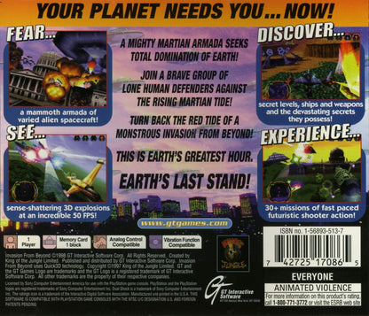 Invasion from Beyond PlayStation 1 PS1 for action shooter retro video game fans featuring alien invasion sci fi combat futuristic weapons fast paced arcade action extraterrestrial enemies mission based gameplay collectible gaming appeal back of case