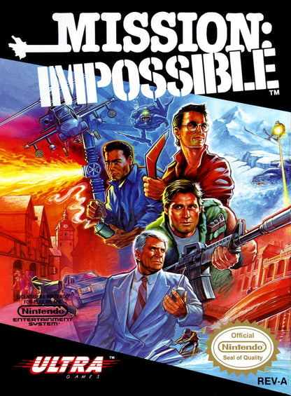 Mission Impossible Complete in Box CIB Nintendo Entertainment System NES for retro video game enthusiasts featuring action adventure gameplay secret agent missions puzzle solving stealth elements movie inspired challenges classic 8 bit gameplay complete in box collectible gaming appeal front 