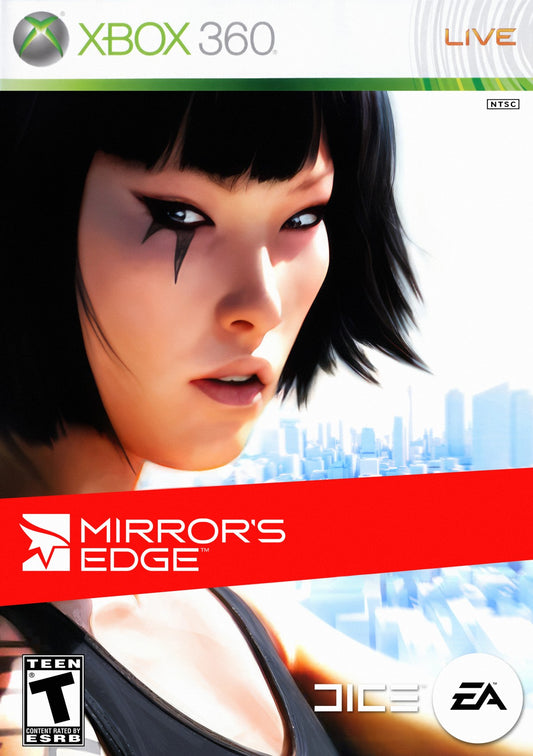 Mirrors Edge Xbox 360 video game featuring first person parkour gameplay fluid free running combat futuristic city environments and critically acclaimed EA action adventure title cover art