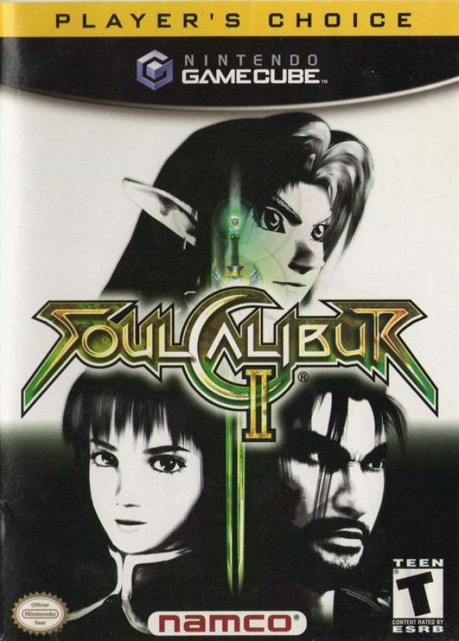Soul Calibur II [Player's Choice] cover art for GameCube (GC) game featuring weapon-based fighting gameplay and exclusive Link character from The Legend of Zelda.