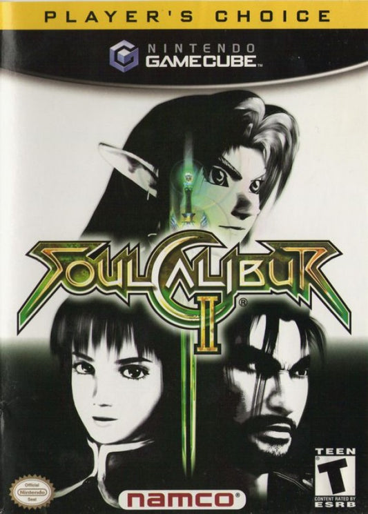 Soul Calibur II [Player's Choice] cover art for GameCube (GC) game featuring weapon-based fighting gameplay and exclusive Link character from The Legend of Zelda.