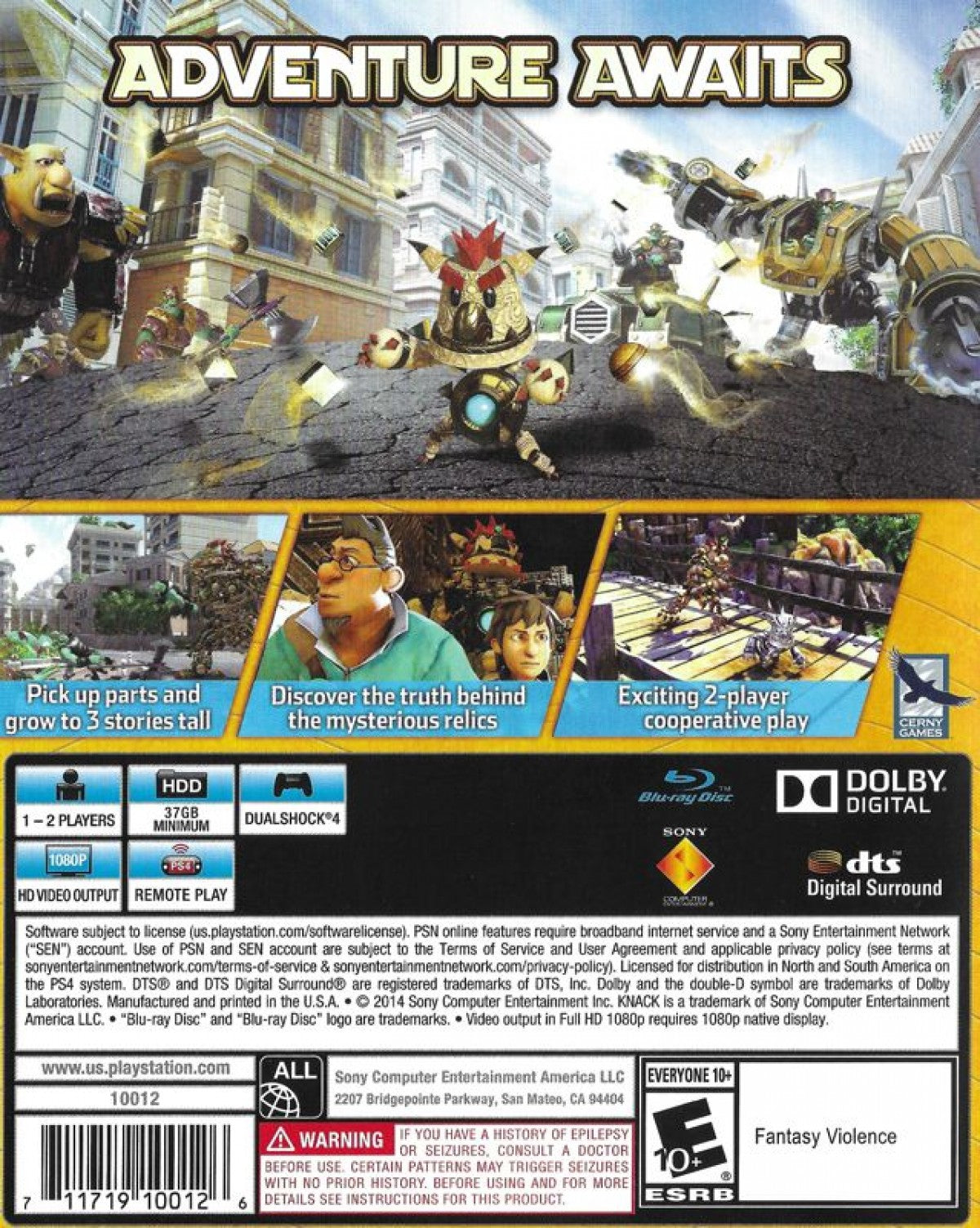 Knack for PlayStation 4 action platformer adventure game featuring transforming hero cinematic story mode family friendly combat colorful environments back cover art
