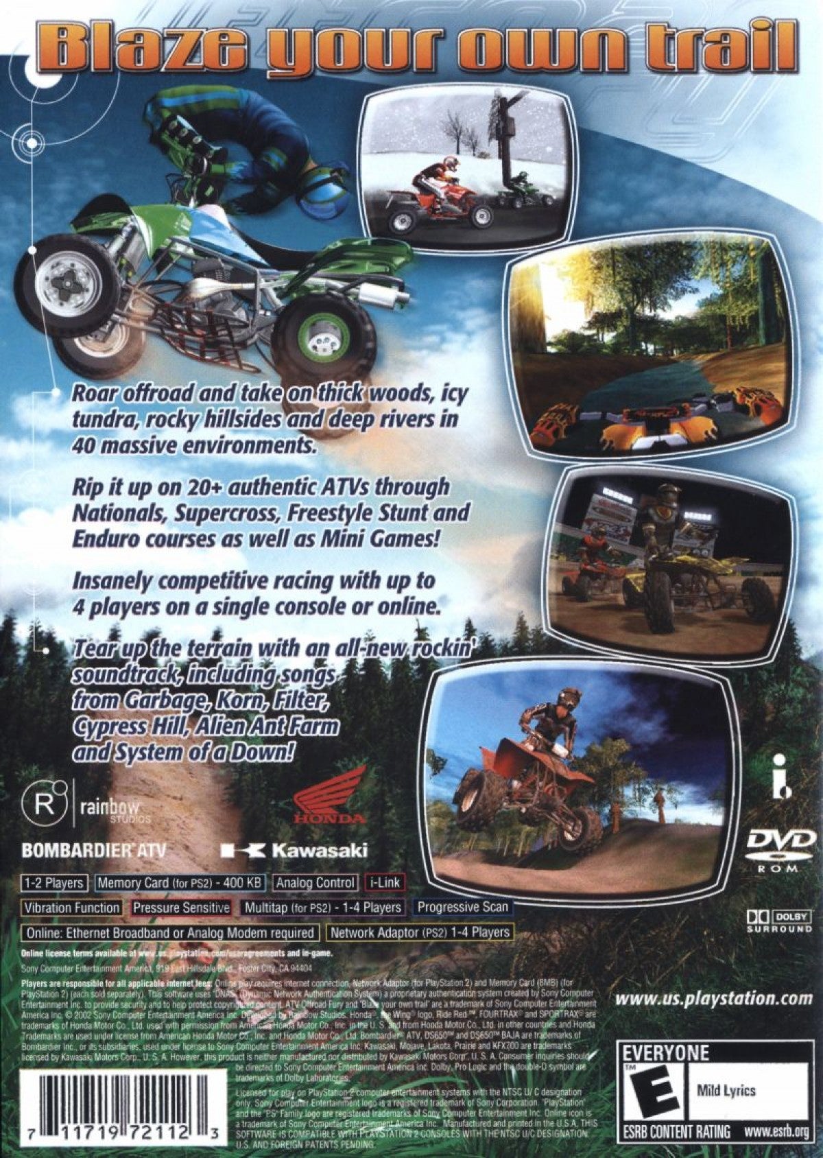 ATV Offroad Fury 2 PlayStation 2 off-road racing video game Sony Computer Entertainment America Rainbow Studios multiple vehicle classes ATVs trucks buggies motorcycles extensive trick system career mode multiplayer split-screen competitive racing championship events freestyle competitions diverse track environments desert mud terrain vehicle upgrades unlockable content progressive difficulty racing simulation arcade style off-road motorsport back cover