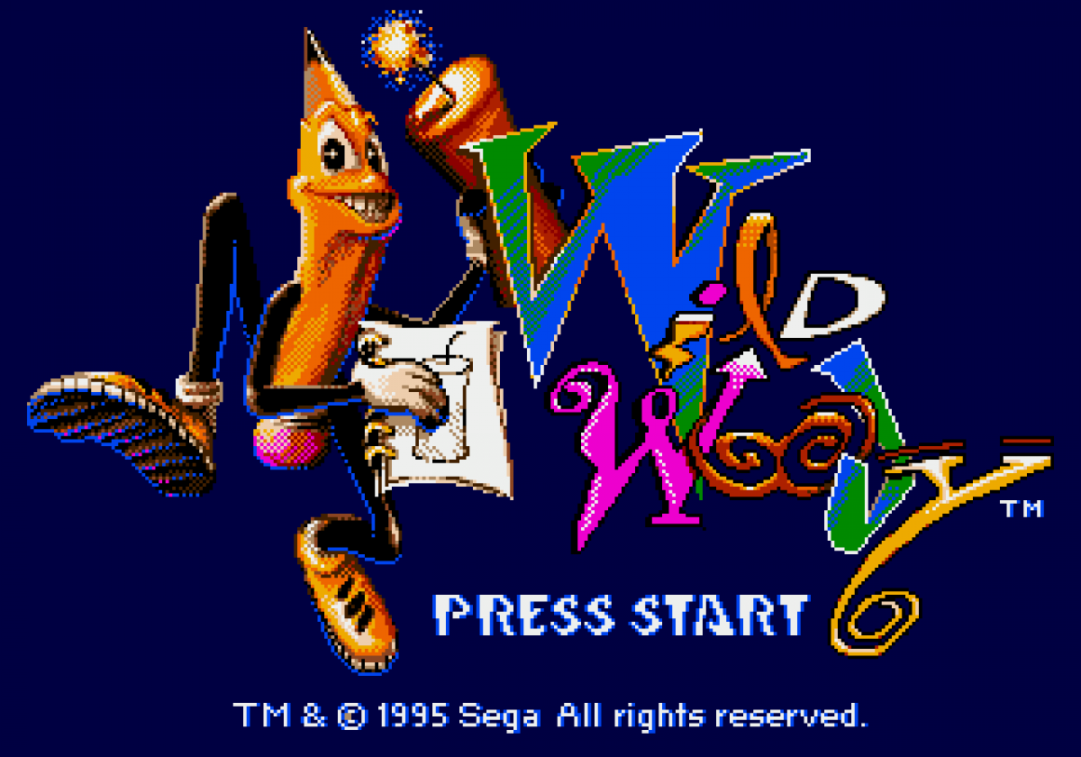 Wild Woody Sega CD platformer action game cartoon style gameplay animated pencil character side scrolling adventure Sega CD classic quirky retro platforming collectible Sega CD software video game title start screen
