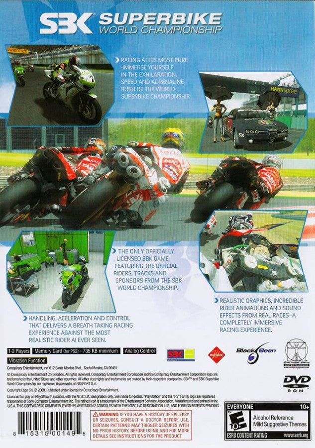 SBK: Superbike World Championship – PlayStation 2 (PS2) video game back of case, motorcycle racing game.