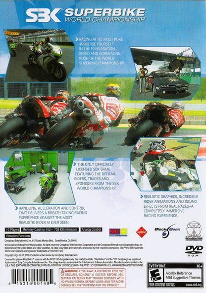 SBK: Superbike World Championship – PlayStation 2 (PS2) video game back of case, motorcycle racing game.