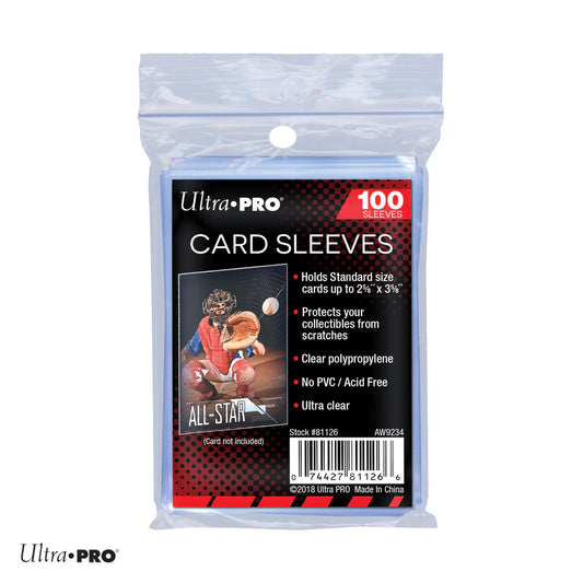 100-pack 2.5 x 3.5 inch soft trading card protectors for collectible cards.
