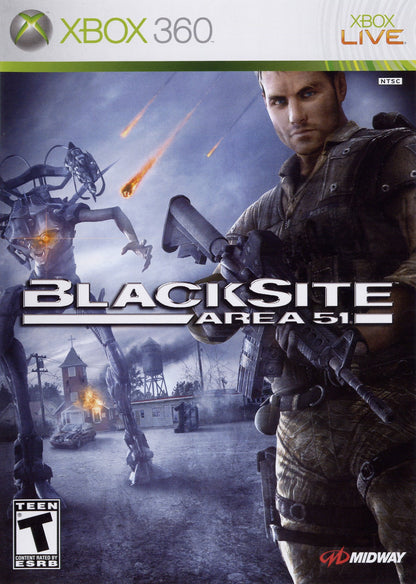 BlackSite: Area 51 for Xbox 360 (X360) at Gamers INC, featuring an intense sci-fi first-person shooter where you lead a specialized squad of soldiers against an extraterrestrial invasion in the Nevada desert, using a squad morale system to influence your team’s performance through tactical shootouts, vehicle segments, and cinematic action sequences in a modern-day alien conspiracy story front cover