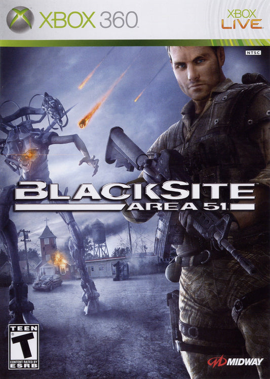 BlackSite: Area 51 for Xbox 360 (X360) at Gamers INC, featuring an intense sci-fi first-person shooter where you lead a specialized squad of soldiers against an extraterrestrial invasion in the Nevada desert, using a squad morale system to influence your team’s performance through tactical shootouts, vehicle segments, and cinematic action sequences in a modern-day alien conspiracy story front cover