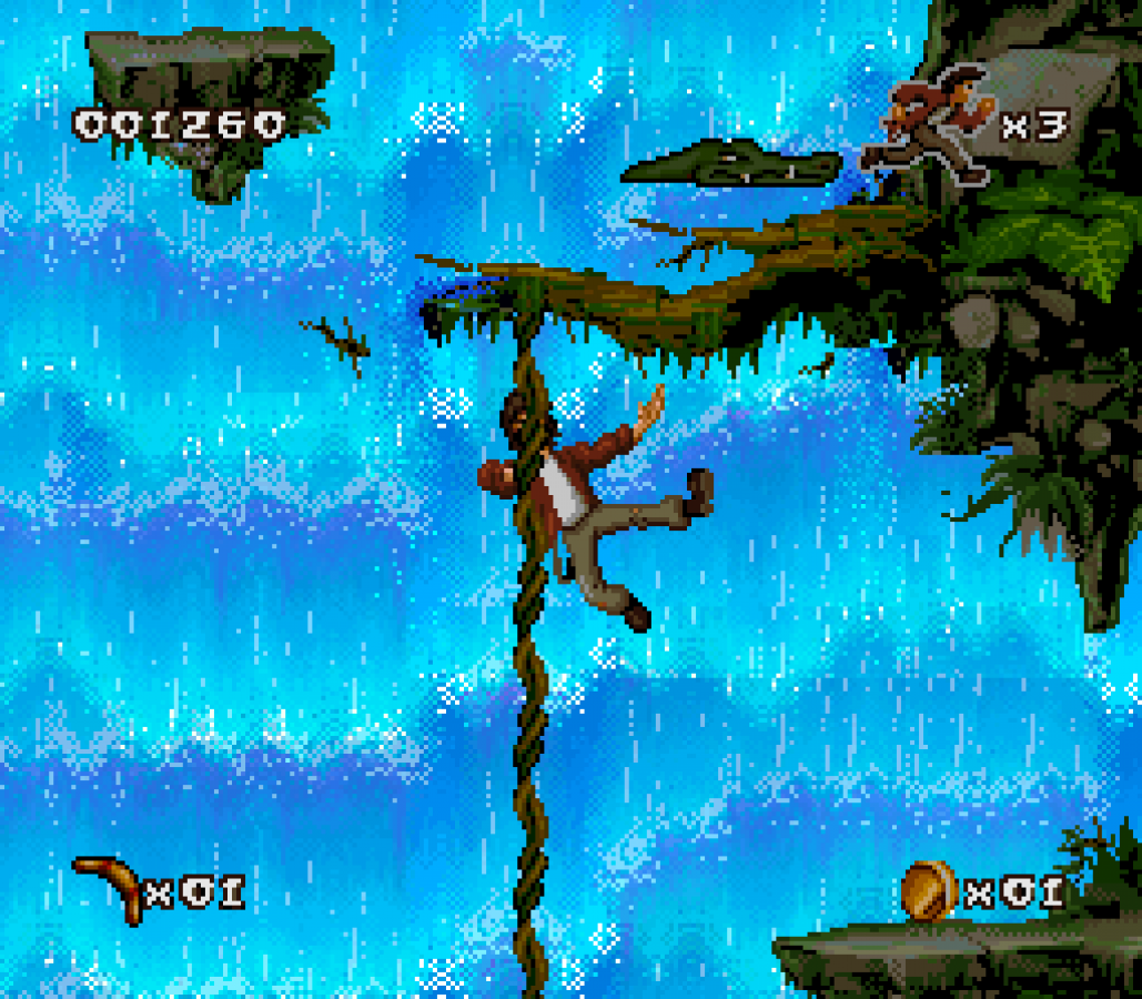 Pitfall The Mayan Adventure retro SNES video game Pitfall jungle platform adventure action gameplay treasure hunting side scrolling classic platformer console title Super Nintendo release gameplay