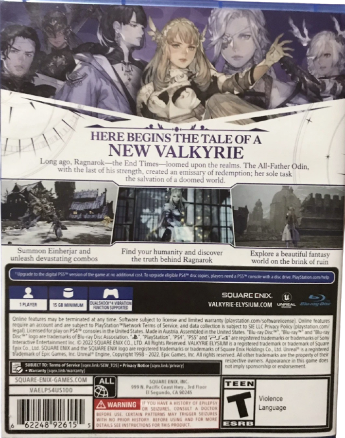 Valkyrie Elysium – PlayStation 4 (PS4) video game back of case, action role-playing game.