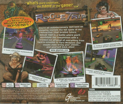 Rogue Trip PlayStation 1 game featuring vehicular combat racing, destructible environments, and fast-paced arcade action gameplay back cover art 