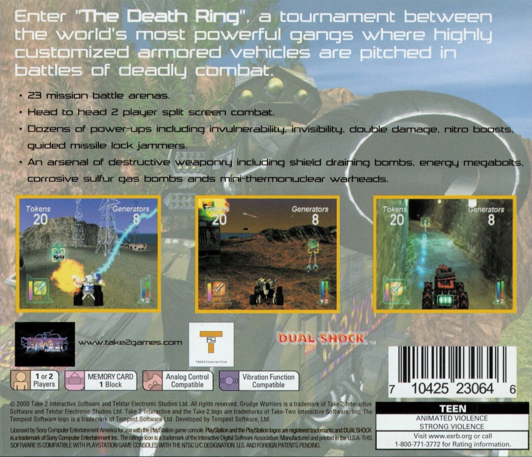 Grudge Warriors retro vehicular combat action game for PlayStation 1 (PS1) back of case