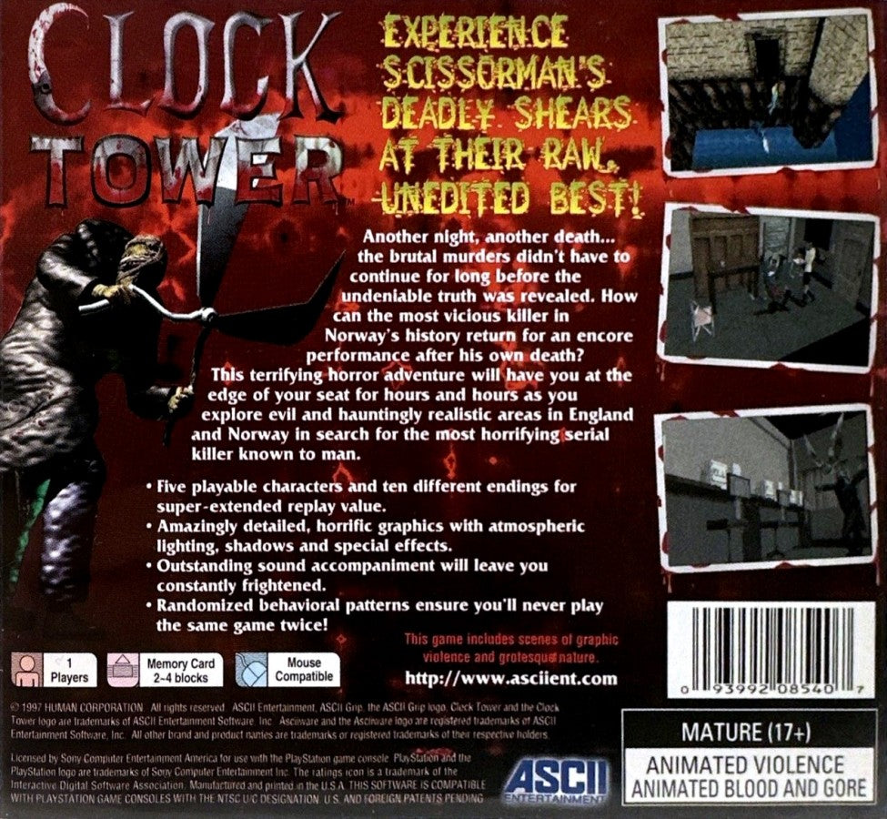 Clock Tower PS1 PlayStation 1 survival horror point and click adventure game psychological horror Scissorman suspense retro video game back cover art
