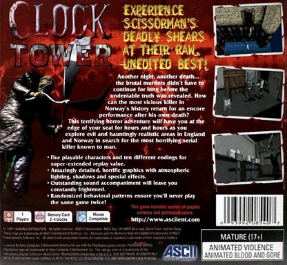 Clock Tower PS1 PlayStation 1 survival horror point and click adventure game psychological horror Scissorman suspense retro video game back cover art