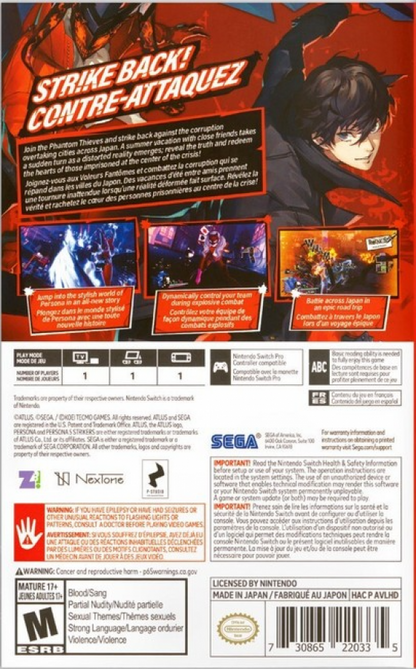 Persona 5 Strikers Nintendo Switch game featuring stylish action RPG combat and story-driven Phantom Thieves adventure back cover