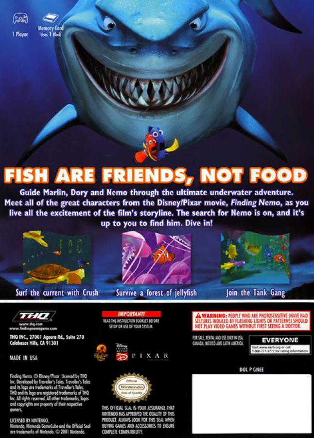 Disney/Pixar's Finding Nemo [Player's Choice] back of case for GameCube (GC) action-adventure platformer video game