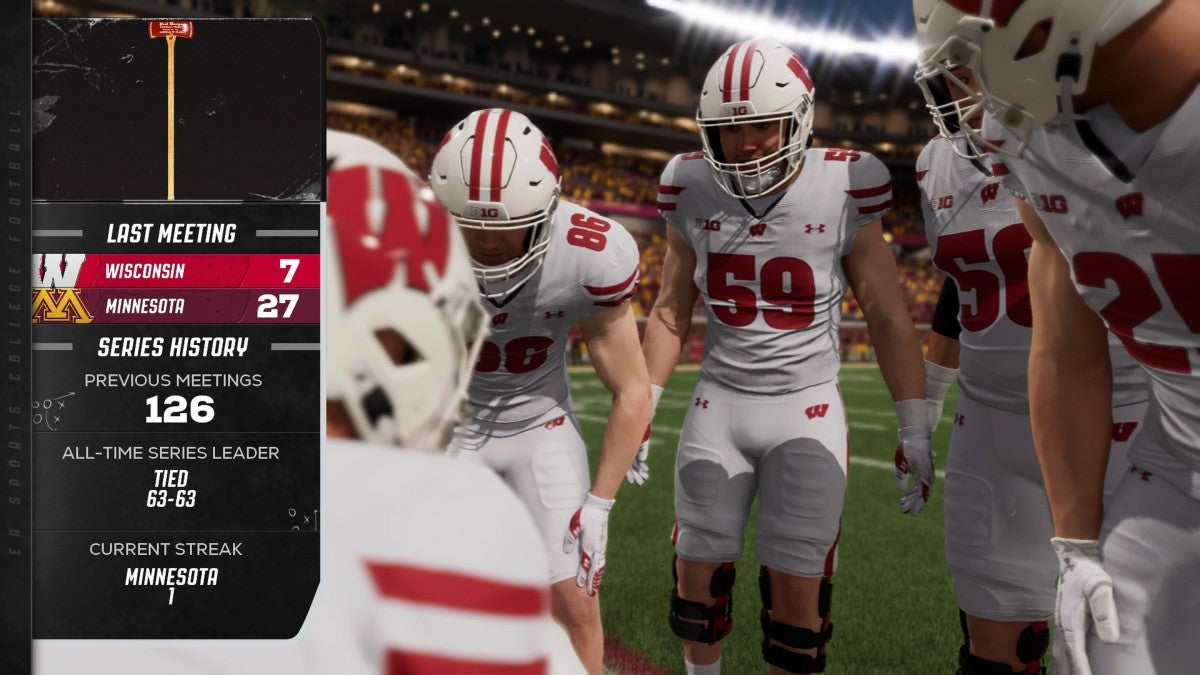 EA Sports College Football 26 PlayStation 5 college football simulation video game featuring 136 FBS schools over 300 authentic coaches 2700 new plays Dynasty Road to Glory College Ultimate Team Road to the College Football Playoff enhanced Stadium Pulse Home Field Advantage dynamic substitutions wear and tear mechanics Heisman Trophy journey recruiting portal authentic game day atmospheres fight songs commentary gameplay screenshot