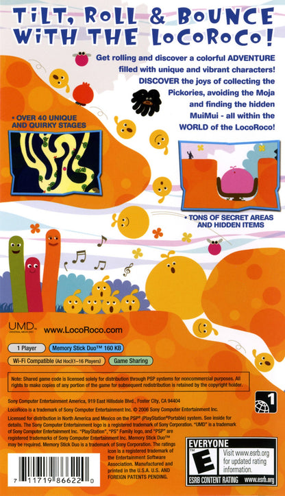 LocoRoco PSP inspired design featuring whimsical platform adventure aesthetic colorful rolling creatures vibrant hand drawn environments cheerful music playful physics based gameplay charming puzzle elements and joyful portable gaming presentation back cover art