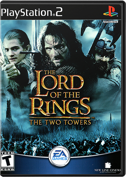 PlayStation 2 game cover of 'The Lord of the Rings: The Two Towers' with characters and title.