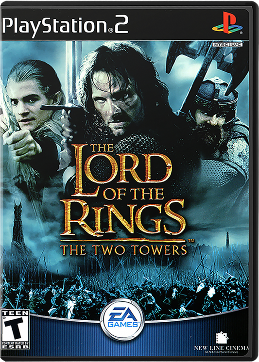 PlayStation 2 game cover of 'The Lord of the Rings: The Two Towers' with characters and title.