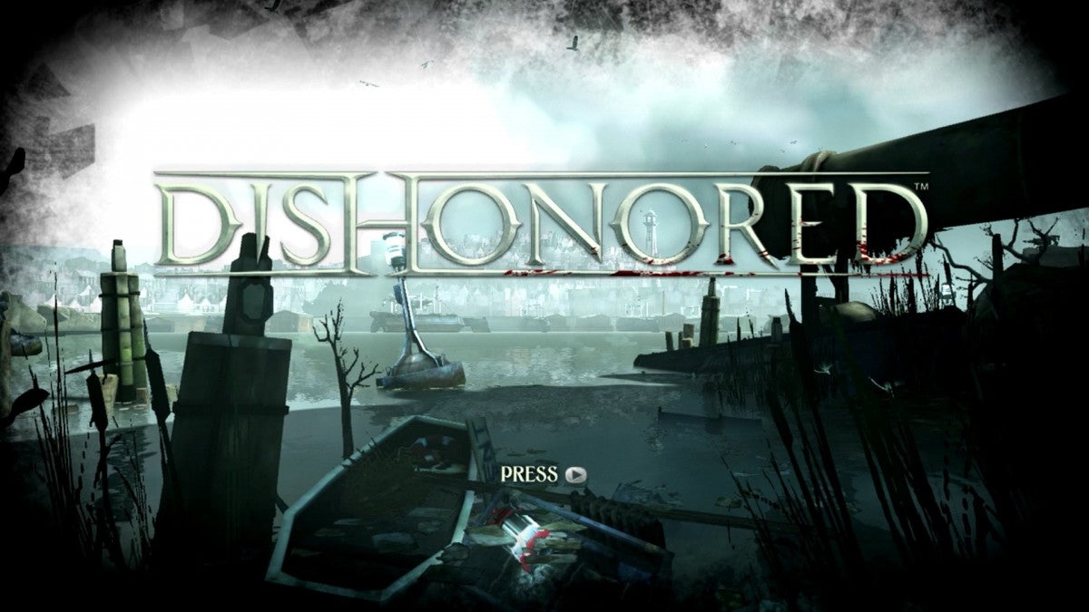 Dishonored start screen for Xbox 360 (X360) stealth action-adventure video game
